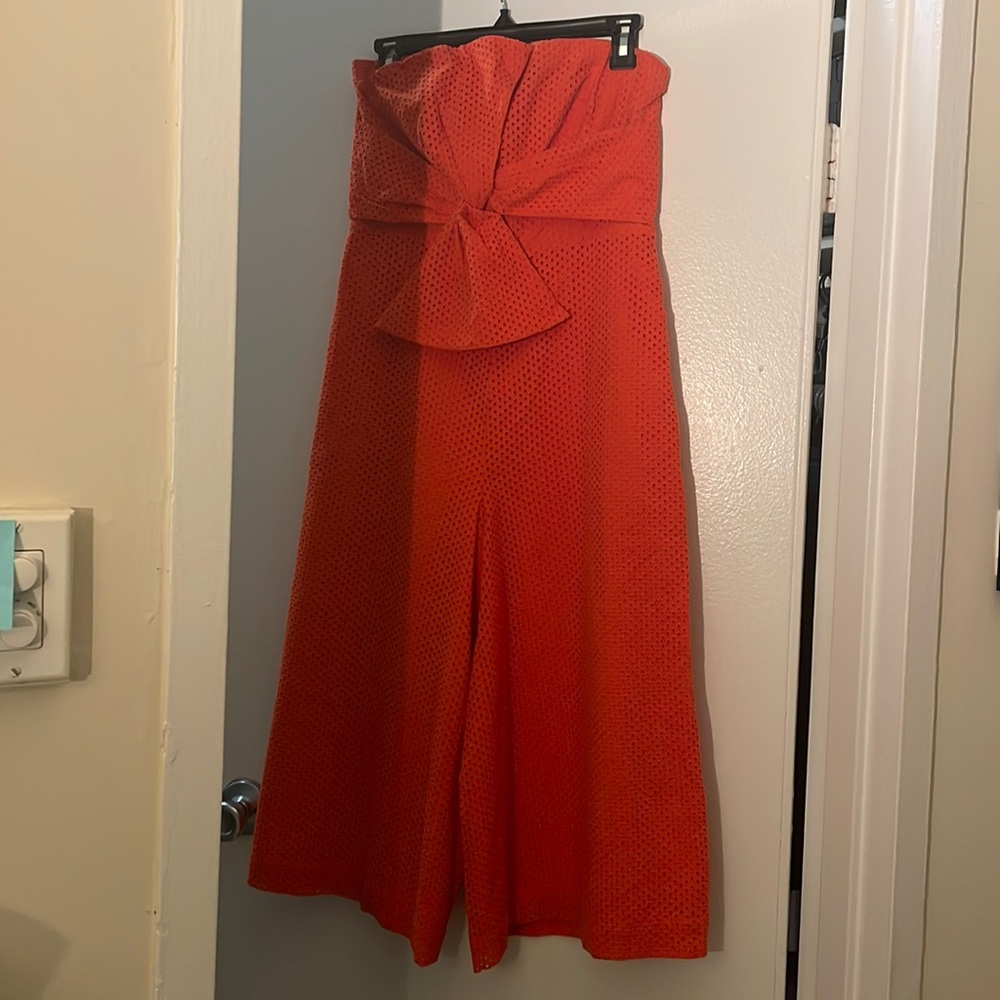 Anthropologie Strapless Eyelet Jumpsuit in Bright Orange